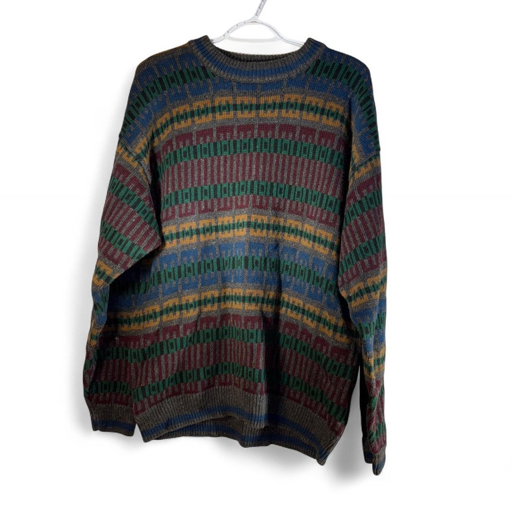 Men's Multicolor Patterned Crewneck Sweater - Green/Navy/Burgundy